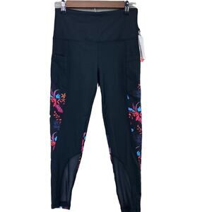 New Marika Women's Black Sassy Coral Floral Yoga Workout Mid Calf Leggings S